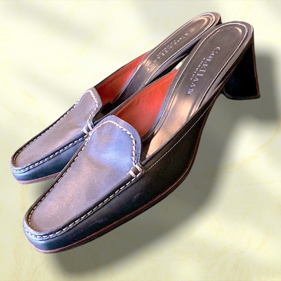 Cole Haan Square Toe Black Leather Loafer Mules w Wooden Stacked Low Heel Size 8 - Picture 3 of 16